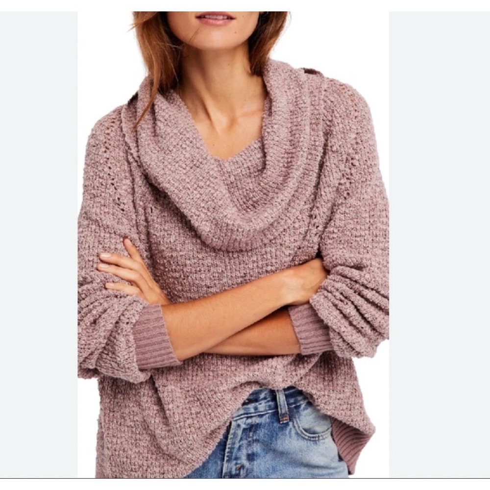 Free People Mauve Pink Cowl Neck Oversized Knit Sweater Pointelle Raglan S/M SEE